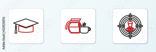 Set line Head hunting, Graduation cap and Coffee pot with cup icon. Vector