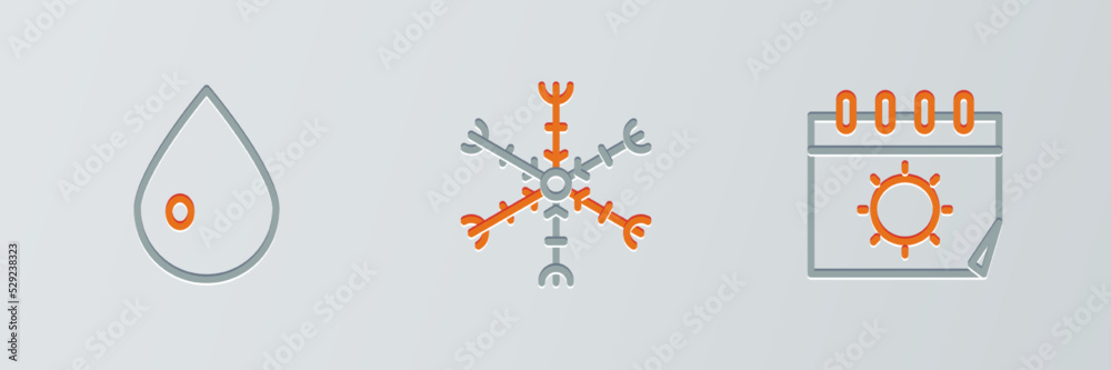 Set line Calendar and sun, Water drop and Snowflake icon. Vector Set line Calendar and sun, Water drop and Snowflake icon. Vector