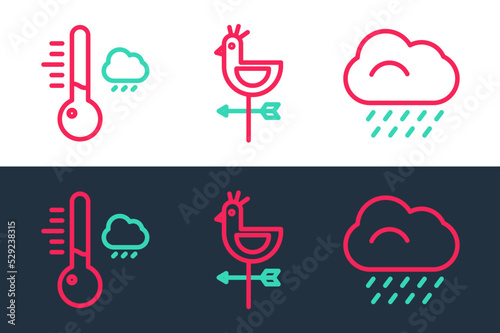 Set line Cloud with rain, Meteorology thermometer and Rooster weather vane icon. Vector