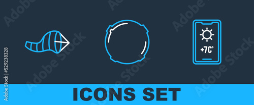 Set line Weather forecast, Cone meteorology windsock wind vane and Moon icon. Vector