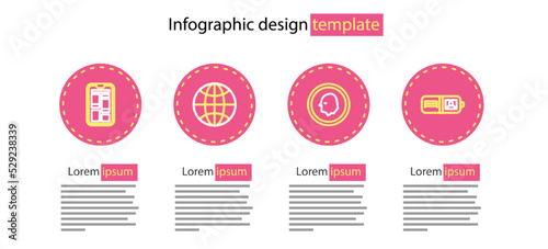 Set line Coin money, Wallet, Worldwide and Online shopping phone icon. Vector