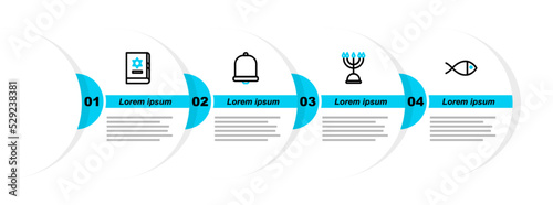 Set line Christian fish, Hanukkah menorah, Church bell and Jewish torah book icon. Vector