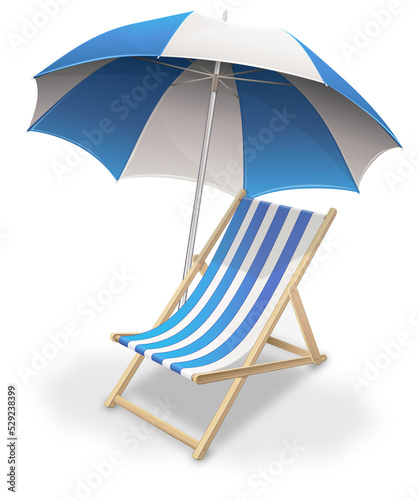 Wooden lounge chair with white and blue stripes with its parasol and shadow (isolated)