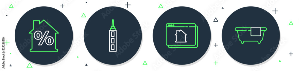 Set line Skyscraper, Online real estate house, House with percant discount and Bathtub icon. Vector Set line Skyscraper, Online real estate house, House with percant discount and Bathtub icon. Vector