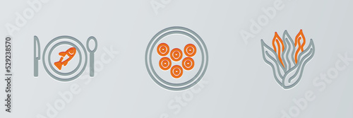 Set line Seaweed, Served fish on plate and Caviar icon. Vector