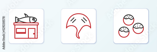 Set line Takoyaki, Seafood store and Stingray icon. Vector