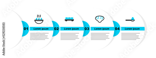Set line Caviar on a spoon, Scallop sea shell, Sushi cutting board and Soup with shrimps icon. Vector