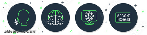 Set line Earth with medical mask, Corona virus on location, Man coughing and Stay home icon. Vector