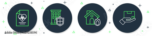 Set line House with shield, Fire in burning house, Health insurance and Delivery icon. Vector