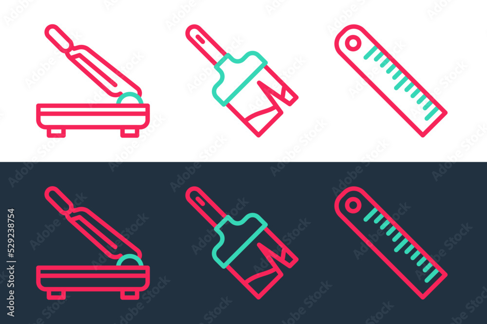 Set line Ruler, Paper cutter and Paint brush icon. Vector Set line Ruler, Paper cutter and Paint brush icon. Vector
