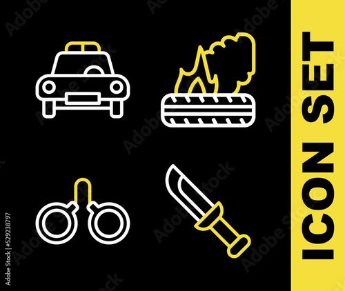 Set line Lying burning tires, Military knife, Handcuffs and Police car flasher icon. Vector