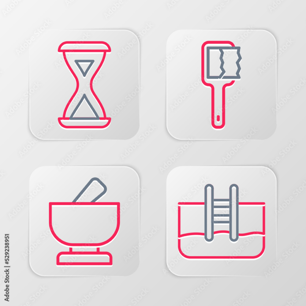 Set line Swimming pool with ladder, Mortar and pestle, Sauna brush and hourglass icon. Vector Set line Swimming pool with ladder, Mortar and pestle, Sauna brush and hourglass icon. Vector