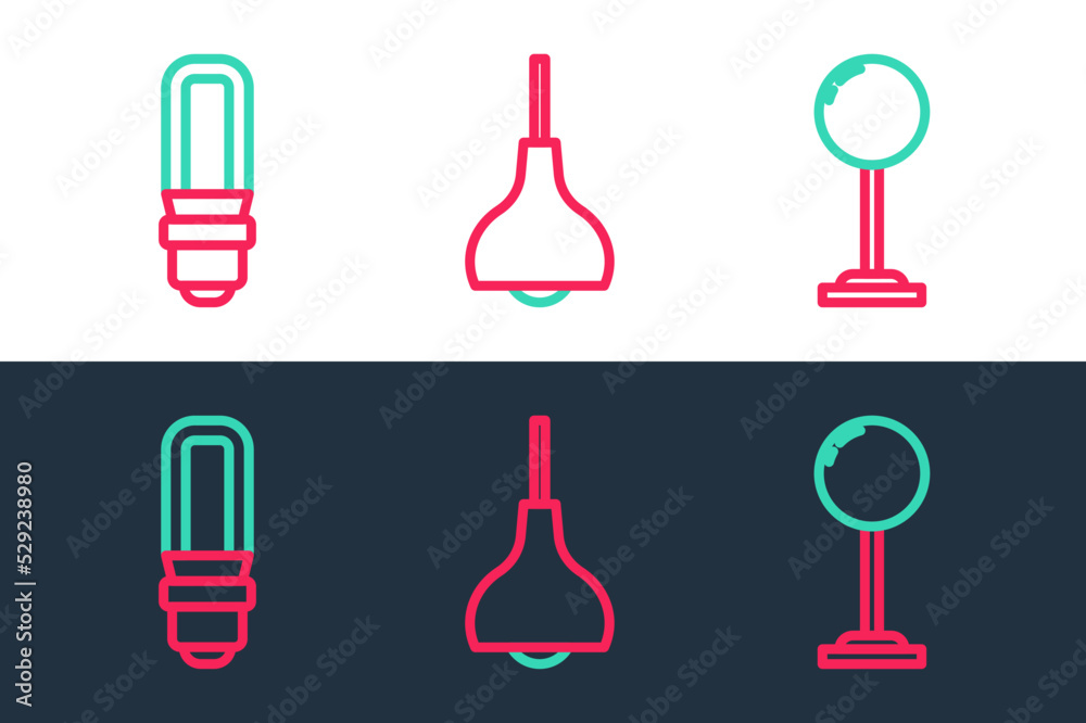Set line Floor lamp, LED light bulb and Lamp hanging icon. Vector Set line Floor lamp, LED light bulb and Lamp hanging icon. Vector