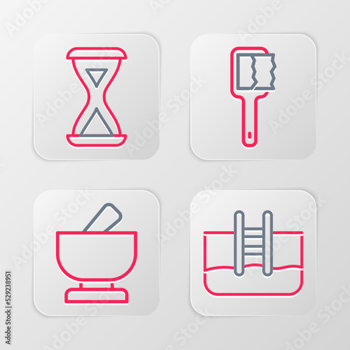 Set line Swimming pool with ladder  Mortar and pestle  Sauna brush and hourglass icon. Vector