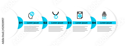 Set line Hands in praying position, Jewish calendar, Star crescent chain and Yin Yang icon. Vector