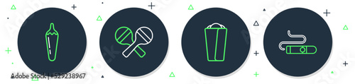 Set line Maracas, Burrito, Hot chili pepper pod and Cigar icon. Vector
