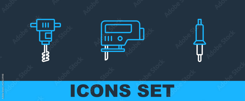 Set line Soldering iron, Electrical hand concrete mixer and jigsaw icon. Vector