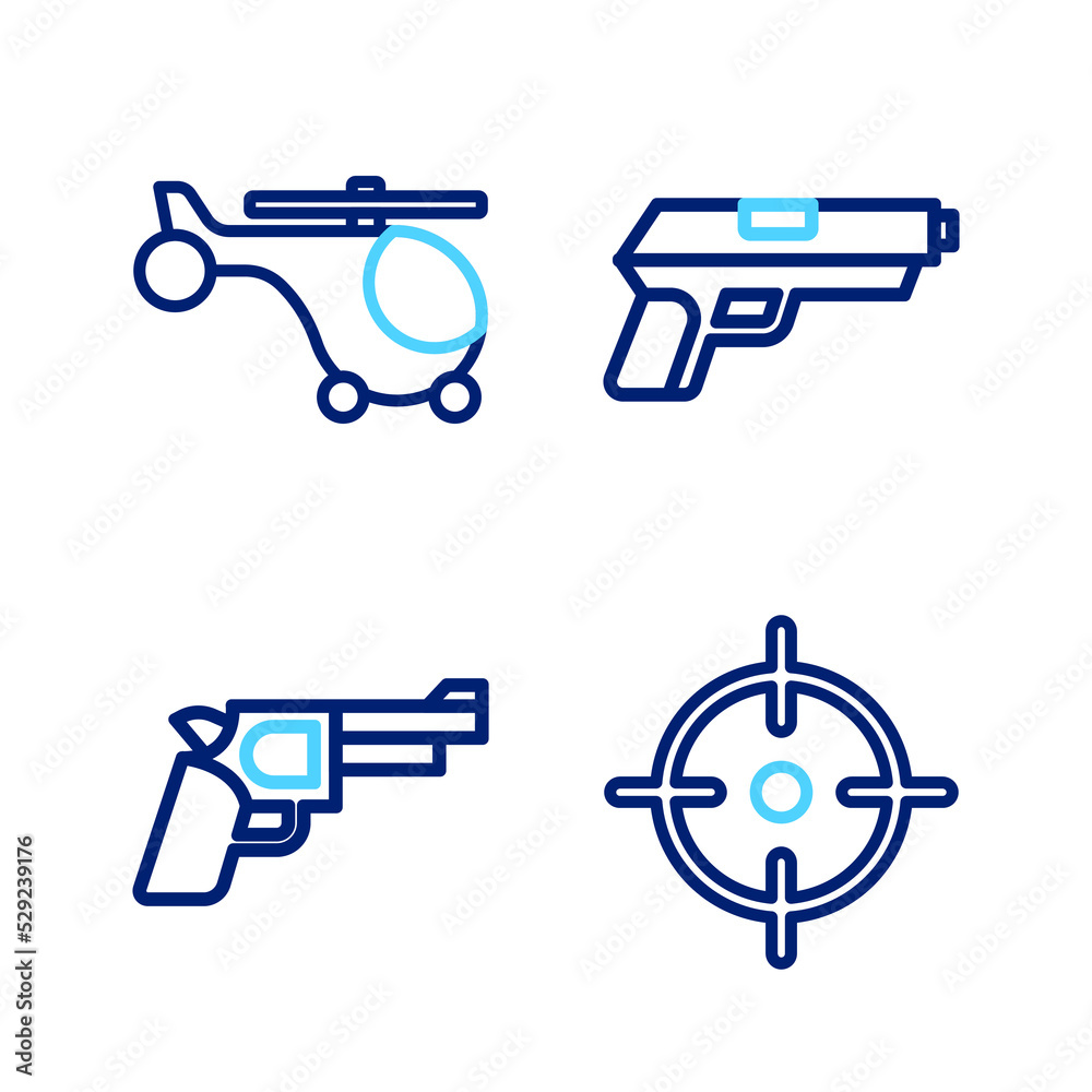 Set line Target sport, Pistol gun, and Helicopter icon. Vector