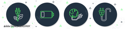 Set line Battery, Global energy power planet, Electric saving plug in leaf and icon. Vector
