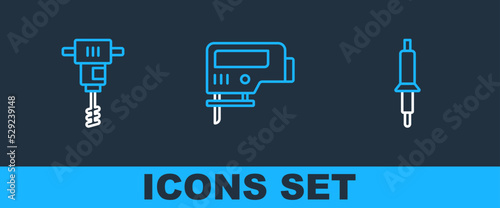 Set line Soldering iron, Electrical hand concrete mixer and jigsaw icon. Vector