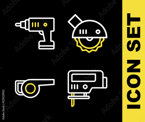 Set line Electric circular saw, jigsaw, Leaf garden blower and cordless screwdriver icon. Vector