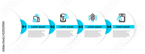 Set line Global economic crisis, Dollar rate decrease, Drop in crude oil price and Fire burning house icon. Vector