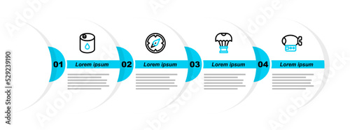 Set line Airship, Box flying on parachute, Compass and Barrel oil icon. Vector