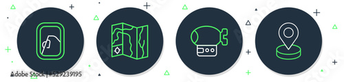 Set line World travel map, Airship, Airplane window and Location icon. Vector