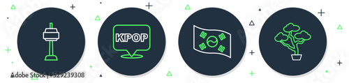 Set line K-pop, South Korea flag, N Seoul tower in and Bonsai tree icon. Vector