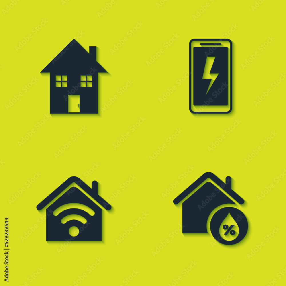 Set House, humidity, Smart home with wi-fi and Mobile charging battery icon. Vector Set House, humidity, Smart home with wi-fi and Mobile charging battery icon. Vector