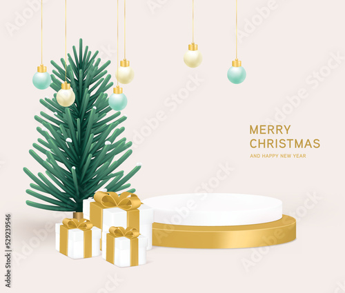 Merry Christmas gold podium with christmas gift, ball and gift banner template design with podium for web or social media. 3d render.