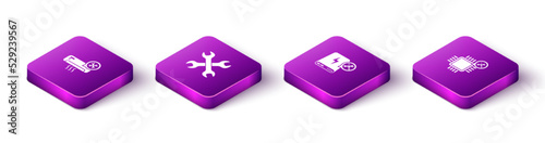 Set Isometric Air conditioner service, Crossed wrenchs, Power bank and Processor icon. Vector