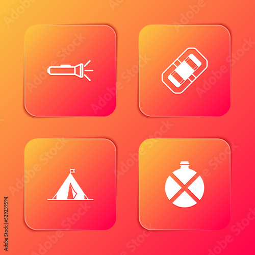 Set Flashlight, Rafting boat, Tourist tent with flag and Canteen water bottle icon. Vector