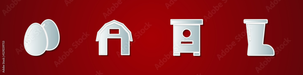 Set Chicken egg, Farm house, Hive for bees and Waterproof rubber boot icon. Vector Set Chicken egg, Farm house, Hive for bees and Waterproof rubber boot icon. Vector