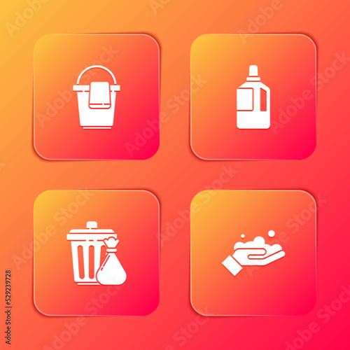 Set Bucket with rag  Fabric softener  Trash can and garbage bag and Washing hands soap icon. Vector