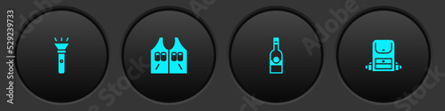 Set Flashlight, Hunting jacket, Bottle of vodka and Hiking backpack icon. Vector