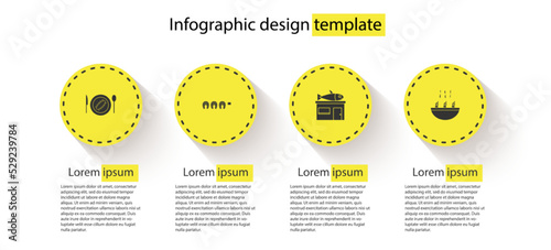 Set Served cucumber on a plate, Grilled fish steak, Seafood store and Soup with shrimps. Business infographic template. Vector