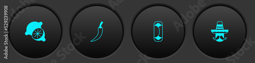 Set Lime, Hot chili pepper pod, Burrito and Mexican man sombrero icon. Vector
