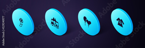 Set Isometric Peace dress print stamp, Balloons, Hippie camper van and Psilocybin mushroom icon. Vector