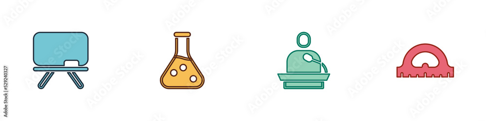 Set Chalkboard, Test tube, Gives lecture and Protractor grid icon. Vector Set Chalkboard, Test tube, Gives lecture and Protractor grid icon. Vector
