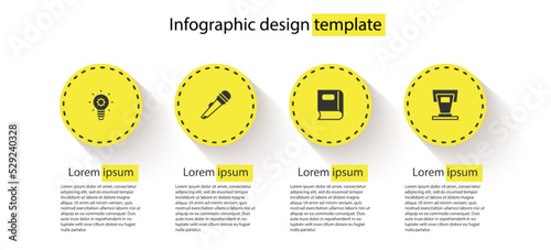 Set Light bulb, Microphone, Book and Stage stand. Business infographic template. Vector