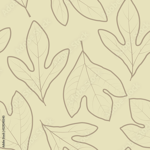 Trendy seamless graphic ditsy pattern design of hand drawn sassafras leaves. Artistic vector foliage background suitable for fashion, interior, wrapping, packaging, textile industry