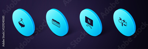 Set Isometric Slingshot, Smart Tv, Music synthesizer and Whirligig toy icon. Vector