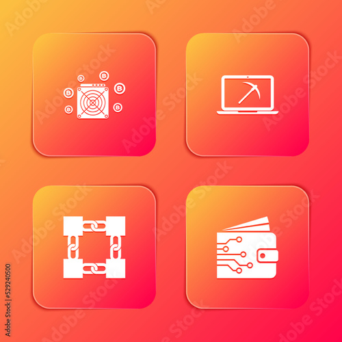 Set ASIC Miner, Mining with laptop and pickaxe, Blockchain technology and Cryptocurrency wallet icon. Vector