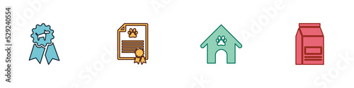 Set Dog award symbol, Certificate for dog or cat, house and paw print pet and Bag of food icon. Vector