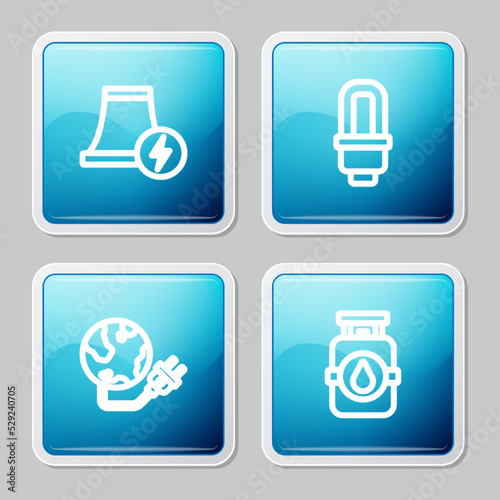 Set line Nuclear power plant, LED light bulb, Global energy planet and Propane gas tank icon. Vector