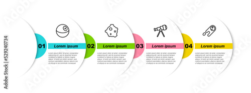 Set line Planet, Asteroid, Telescope and Comet falling down fast. Business infographic template. Vector