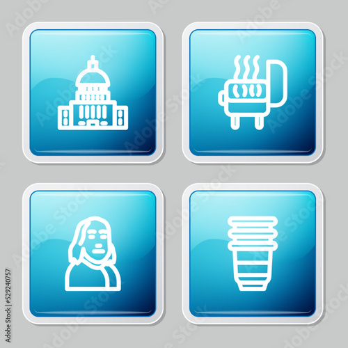 Set line White House, Barbecue grill, Benjamin Franklin and Paper glass icon. Vector