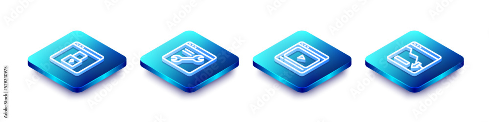 Set Isometric line Secure your site with HTTPS, SSL, Browser setting, Online play video and Financial growth decrease icon. Vector Set Isometric line Secure your site with HTTPS, SSL, Browser setting, Online play video and Financial growth decrease icon. Vector