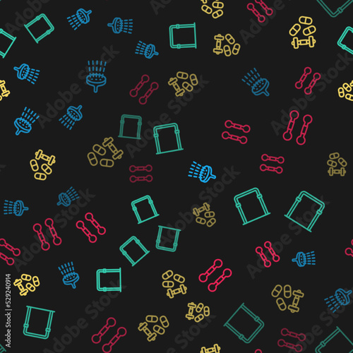 Set line Shower, Sport horizontal bar, Sports doping with dumbbell and Dumbbell on seamless pattern. Vector